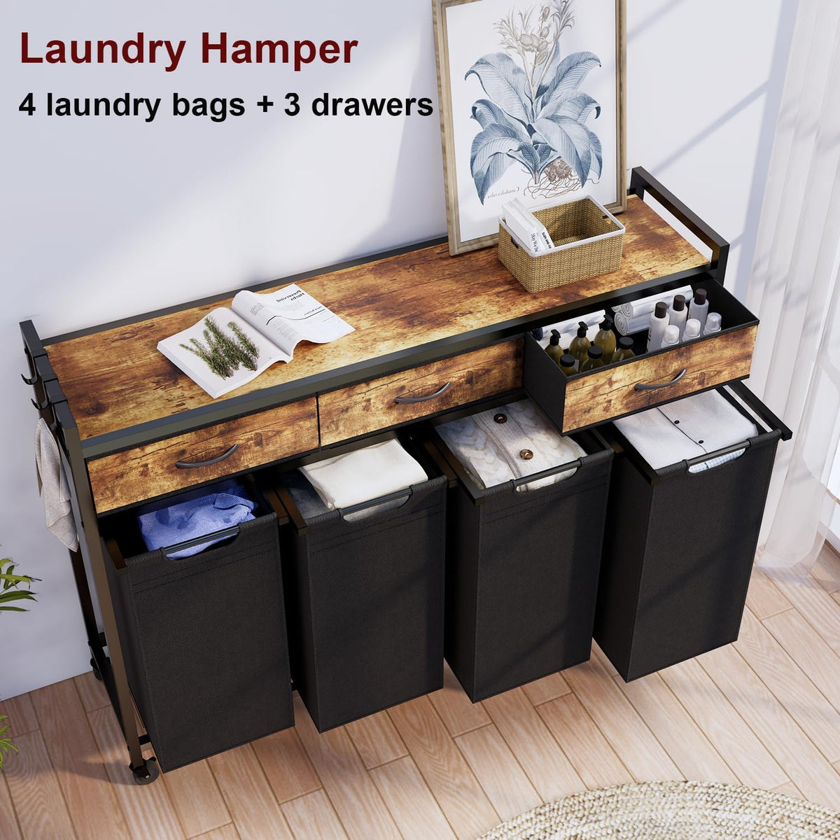 Two Laundry Hamper, Rolling Laundry Sorter with Wheels, 4 × 14.5 Gal (55 L), Pull-Out and Removable Laundry Bags, for Laundry Room, Rustic Brown