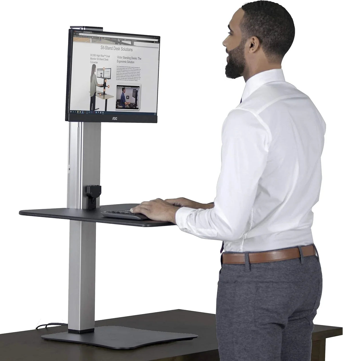 High-position electric triple monitor adjustable desk | Sit-stand dual-purpose work desk for three screens | 28-inch wide work surface | Compatible with any standard desktop | Adjustable monitor stand