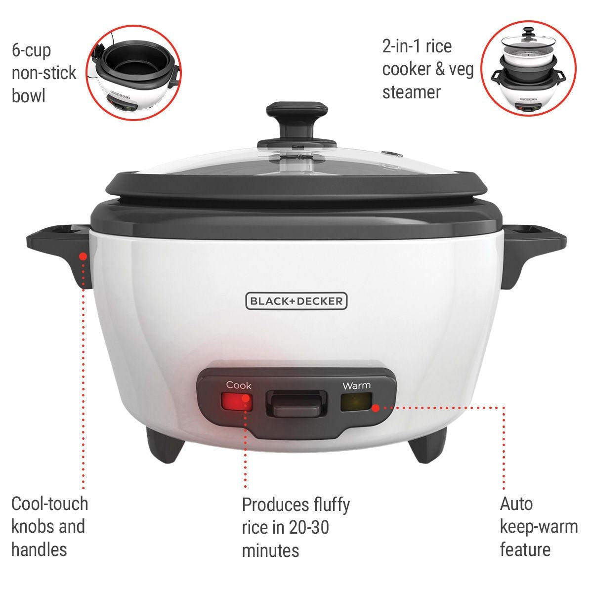Non-Stick Rice Cooker & Steamer White, 6 Cups