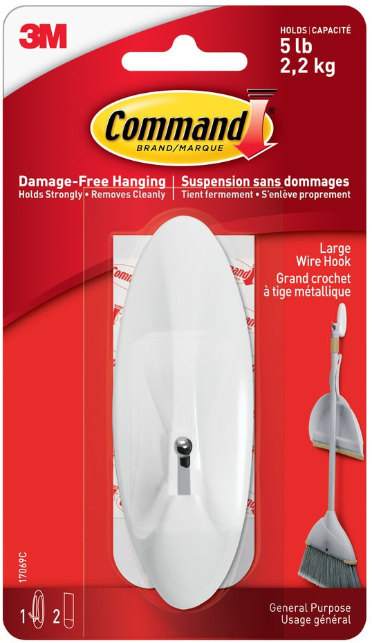 Large Wire Hook with Adhesive Strips, White, 5-lbs, 1 Strip per Pack