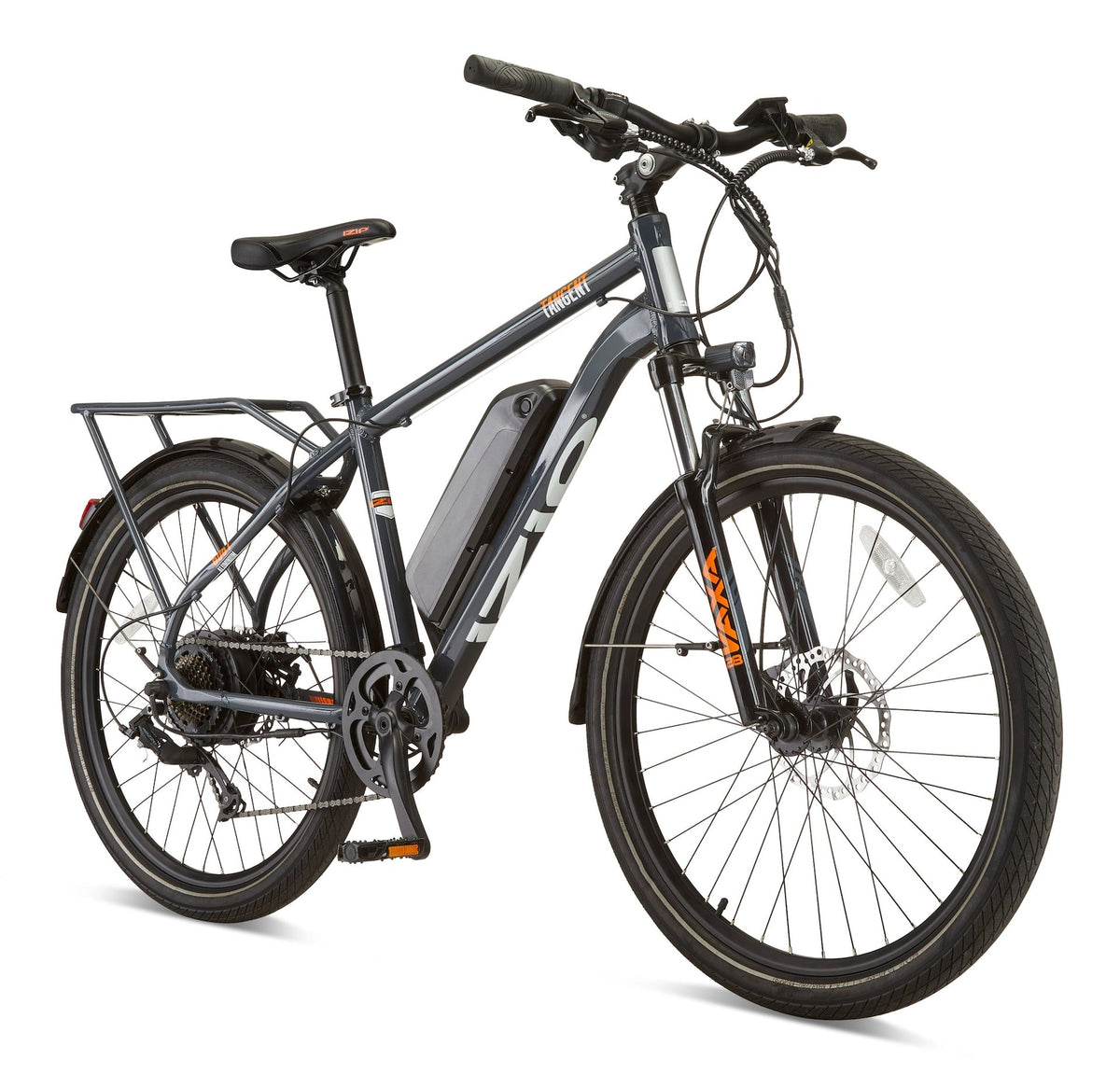 Tangent All-Terrain 48V Electric Bike with Storage Carrier, 26-in Wheel, Grey