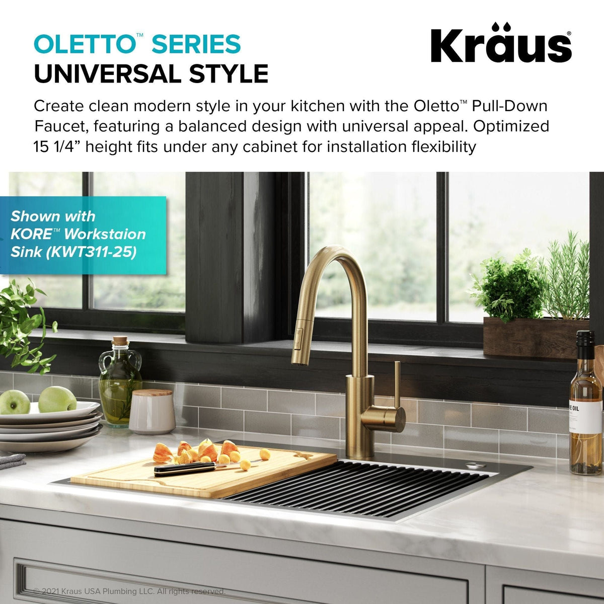 Oletto Pull-Down Single Handle Kitchen Faucet with QuickDock Top Mount Installation Assembly, Spot Free Antique Champagne Bronze