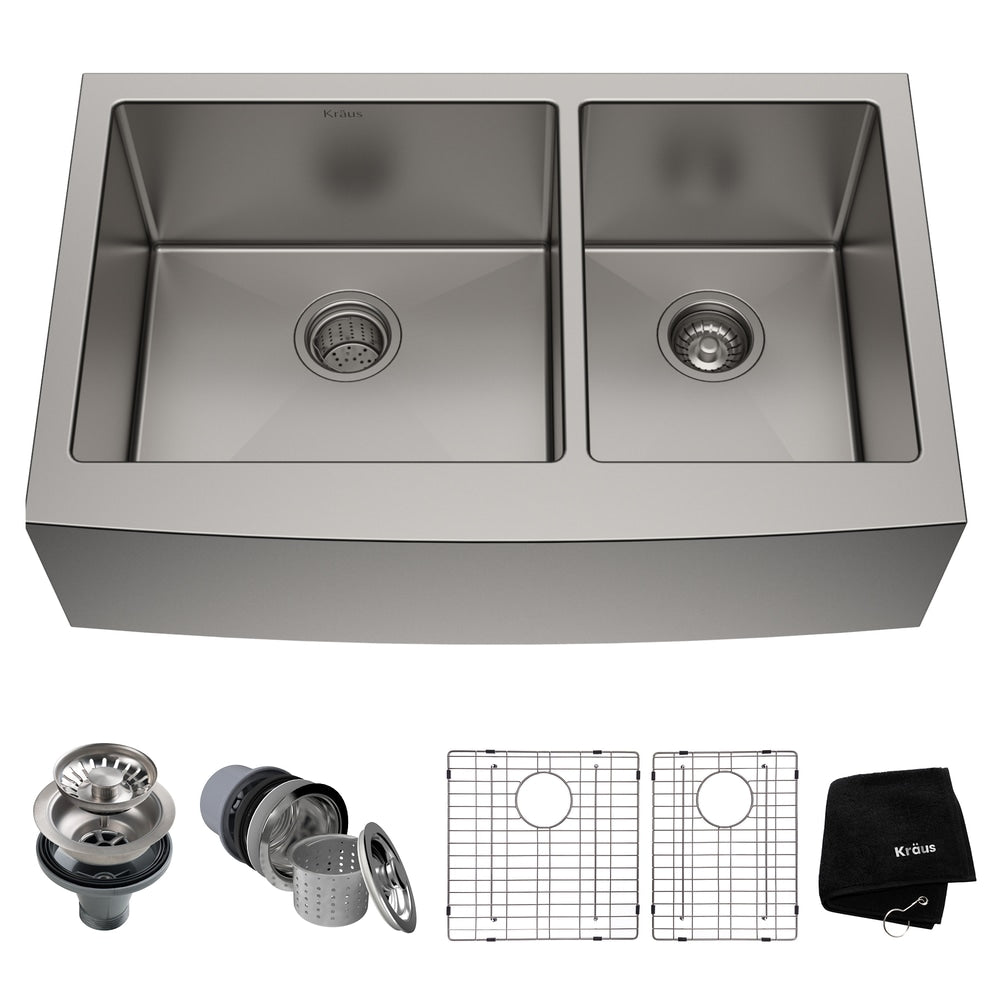 Standard PRO Apron Front Farmhouse Stainless Steel Double Bowl Kitchen Sink, 33x21x10-in