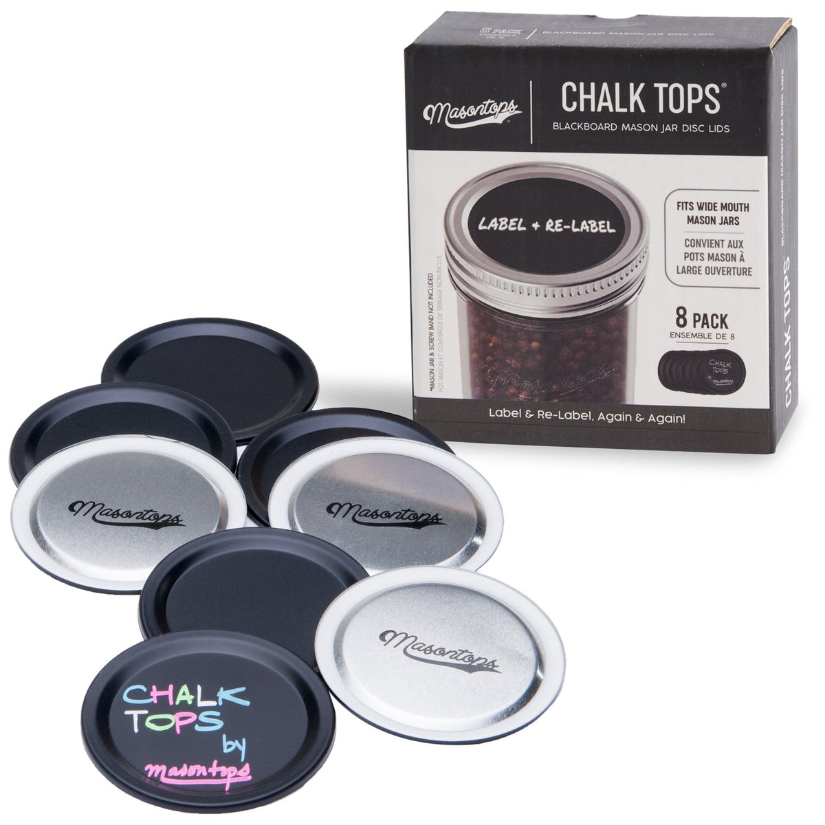Chalk Tops Wide Mouth Storage Lids (Non-Sealing) for Mason Jars, 8-pk