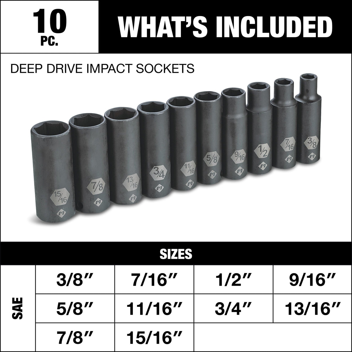 1/2-in Drive Deep Impact Socket Set, SAE, 10-pc