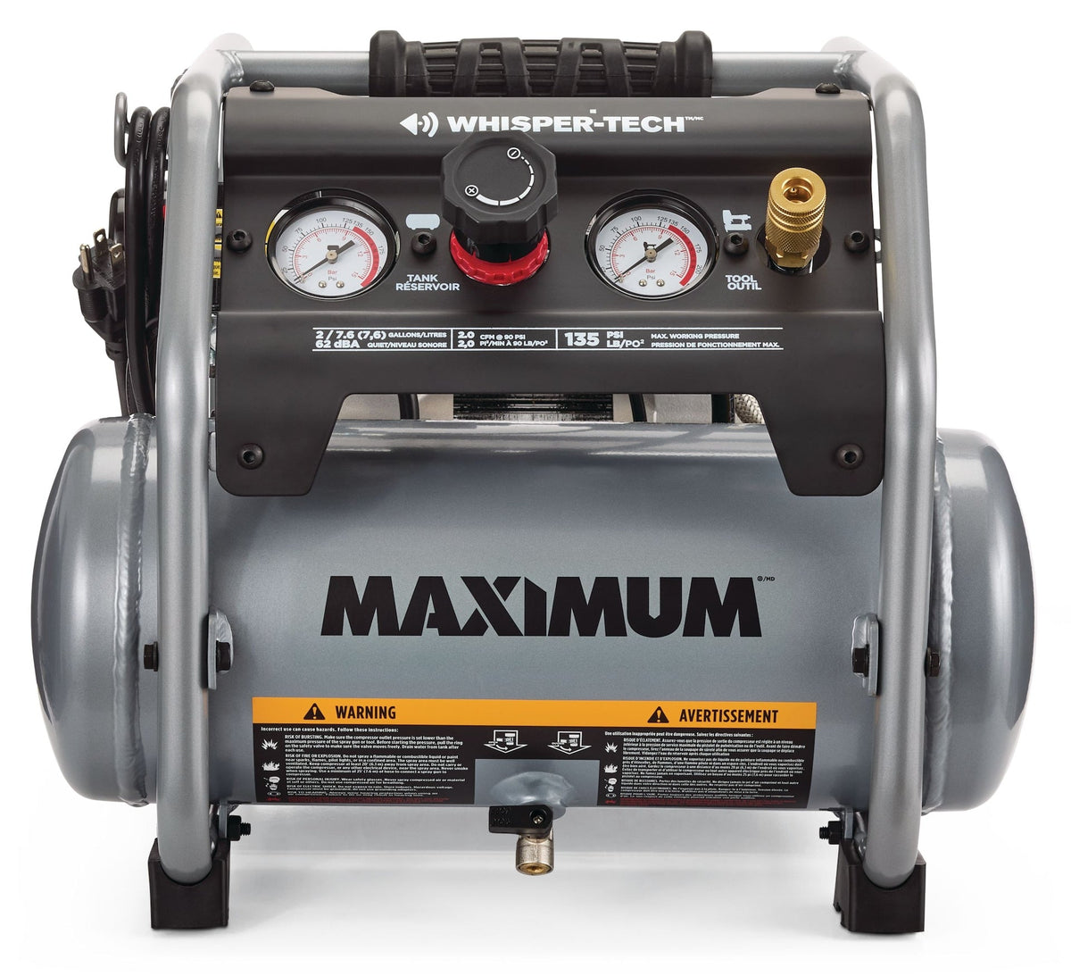 2-Gallon Quiet Air Compressor, 135 PSI, 1 HP
