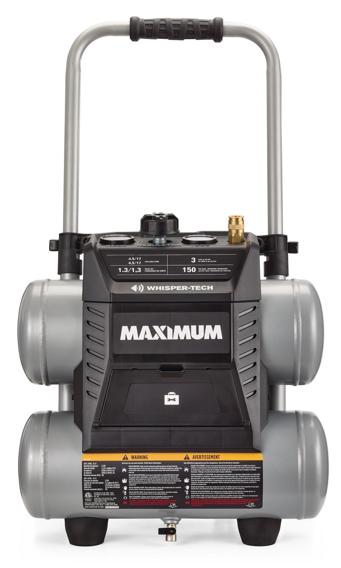 4.5-Gallon Quiet Air Compressor, 150 PSI, 1.3 HP