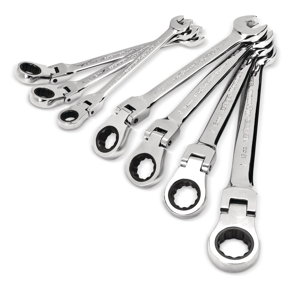 Flexhead Ratcheting Wrench Set, Alloy Steel, Metric, 7-pc