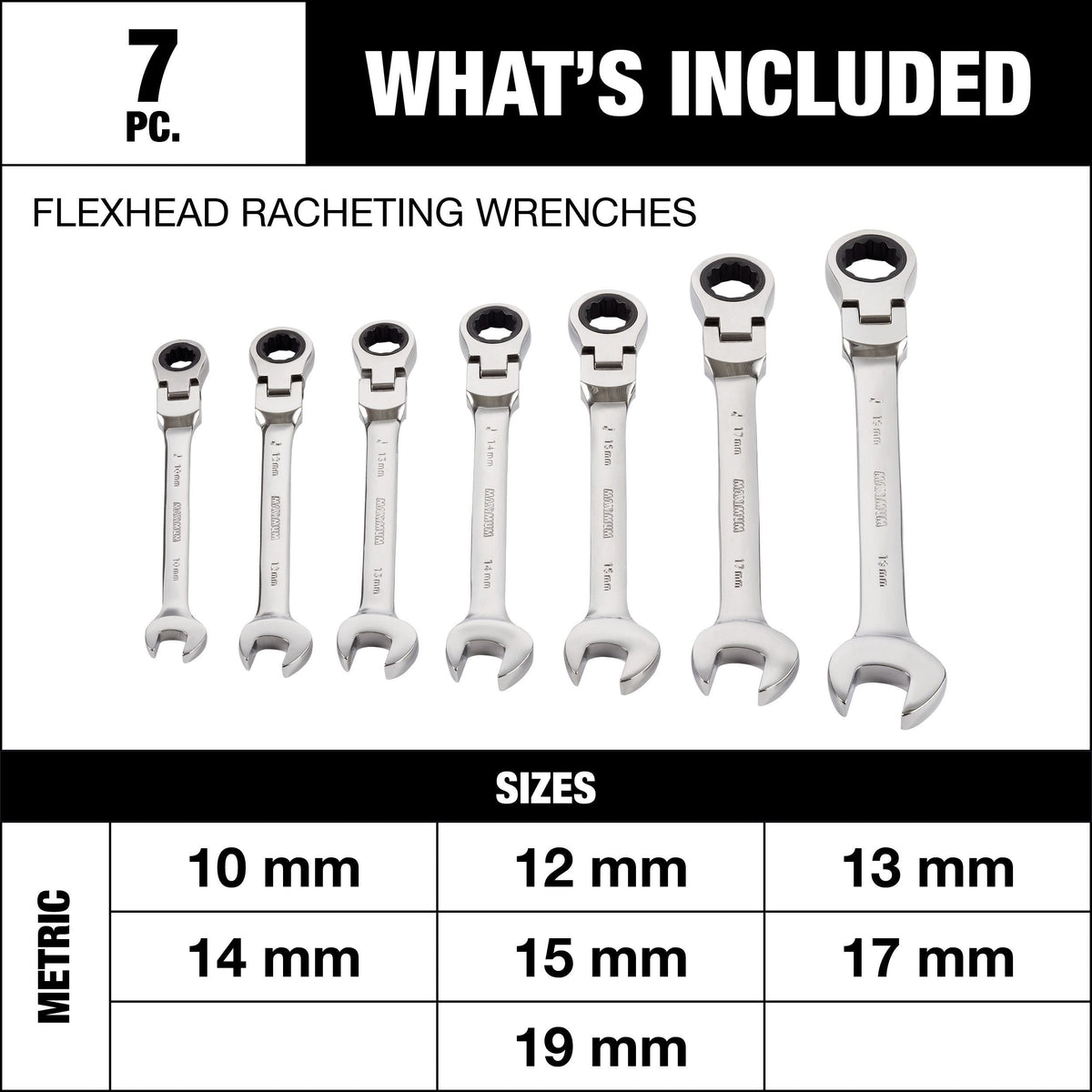 Flexhead Ratcheting Wrench Set, Alloy Steel, Metric, 7-pc