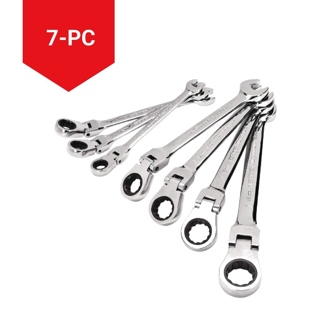 Flexhead Ratcheting Wrench Set, Alloy Steel, Metric, 7-pc
