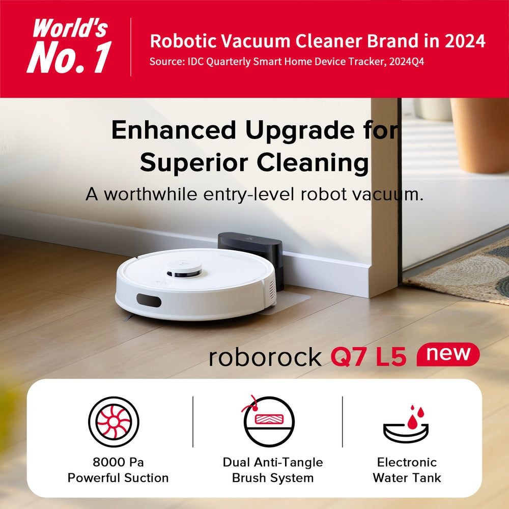 Q7 L5 2-in-1 Robot Cordless Vacuum & Mop Cleaner, Pet-Friendly, App Controlled, Includes Charging Dock, White