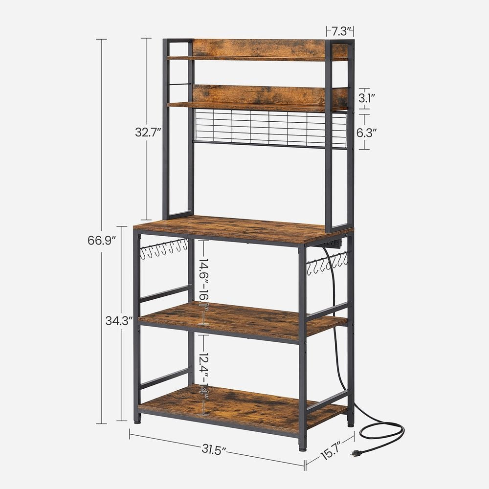 Home Rustic Brown Baker's Rack with Charging Station