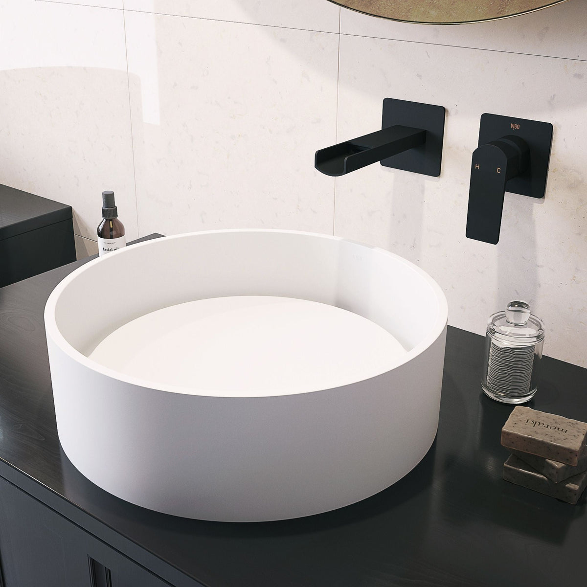 Anvil Matte Stone Round Composite Vessel Bathroom Sink/Basin with Deep Bowl, White