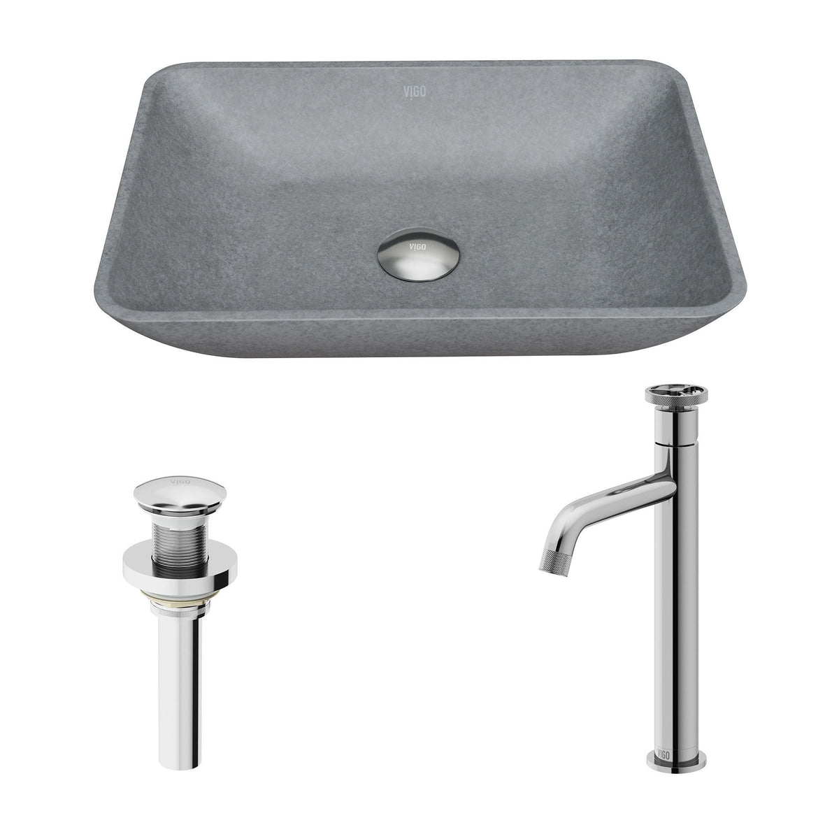 Duomo Gothic Grey Bathroom Sink/Basin Set with Cass Faucet and Rectangular Vessel