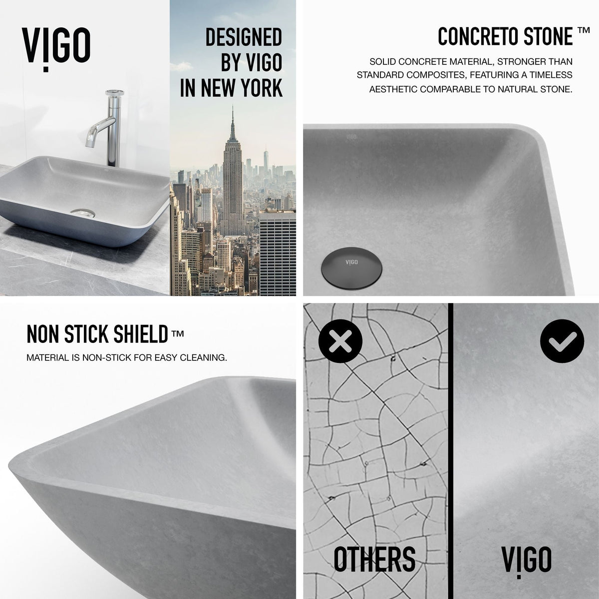 Duomo Gothic Grey Bathroom Sink/Basin Set with Cass Faucet and Rectangular Vessel