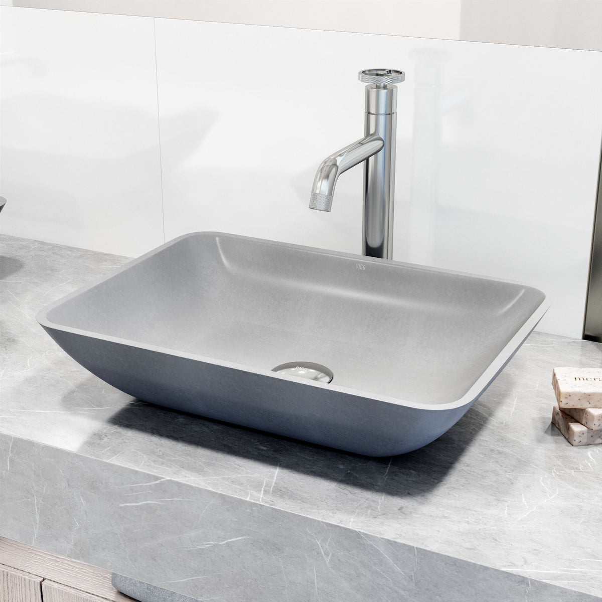 Duomo Gothic Grey Bathroom Sink/Basin Set with Cass Faucet and Rectangular Vessel