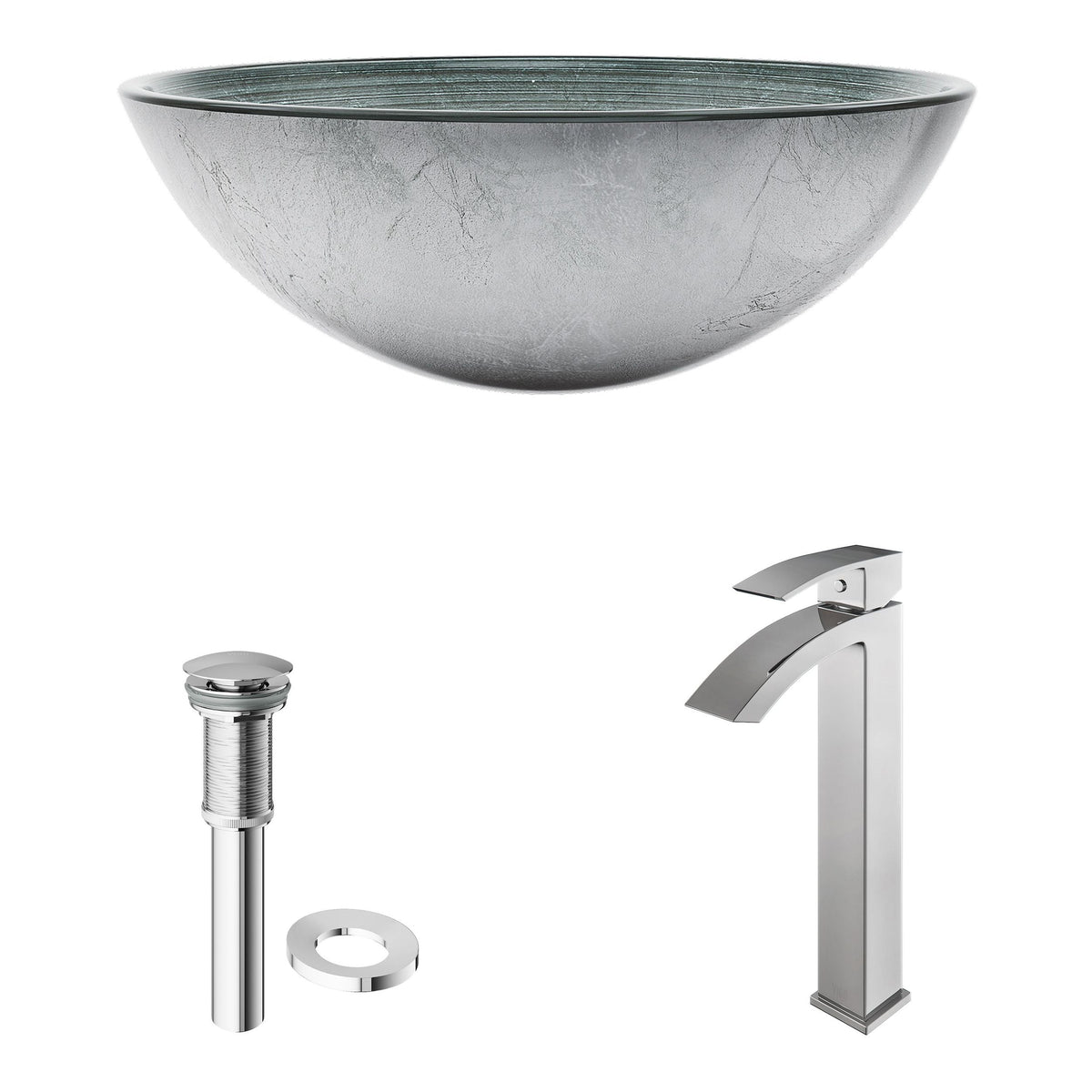 Glass Simply Silver Bathroom Sink/Basin Set with Chrome Duris Faucet and Round Vessel