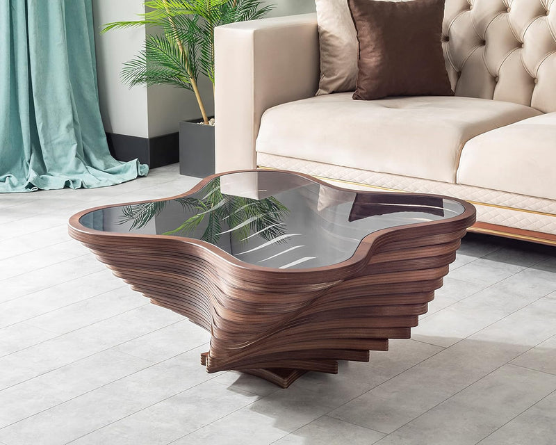 Design a modern coffee table - natural walnut veneer, tempered glass tabletop, layered wave shape, rustic wood, modern living room table, luxurious home and office decoration, central table in the living room. C9337