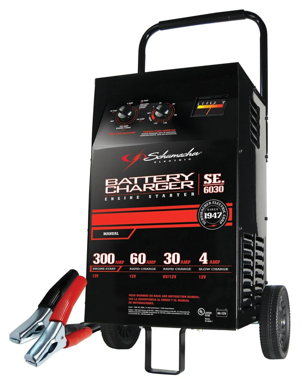 Electric Wheeled Battery Charger and Engine Starter, SC1446, 2-in-1, manual timer control, 300 crank amps, 6 volts, 12 volts, for car, SUV, truck and Marine batteries W5785