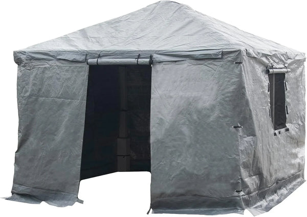 Universal winter tarpaulin, suitable for tall sunshades, used for storing barbecue grills and outdoor furniture, with fireproof and weather-resistant properties, measuring 10 feet by 12 feet, and in gray color. L4630