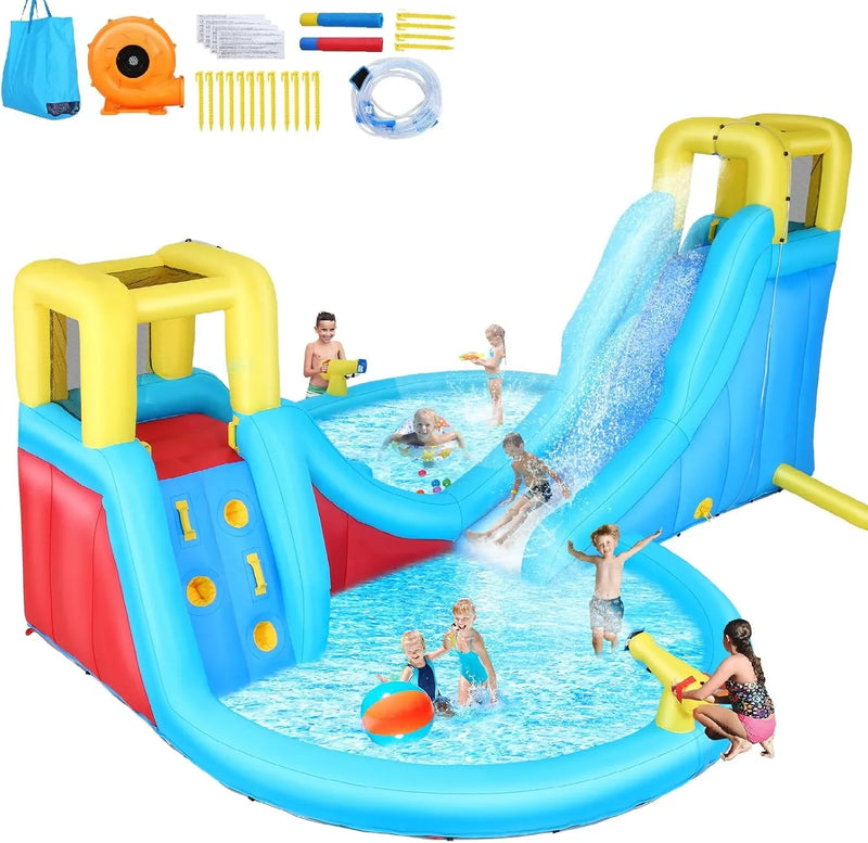 Inflatable Water Slide, 6 in 1 Outdoor Inflatable Water Park with Climbing, Basketball Rim, Splash Pool, Water Cannon, Blow up Water Slides for Kids Backyard Q837