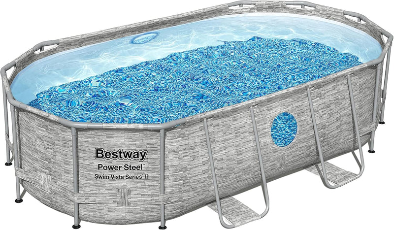 The robust steel swimming pool " Series II" - a 14 feet x 8 feet 2 inches x 39.5 inches outdoor above-ground pool package, equipped with a 530 liter/minute filtration pump, ladder and pool cover. Z5370