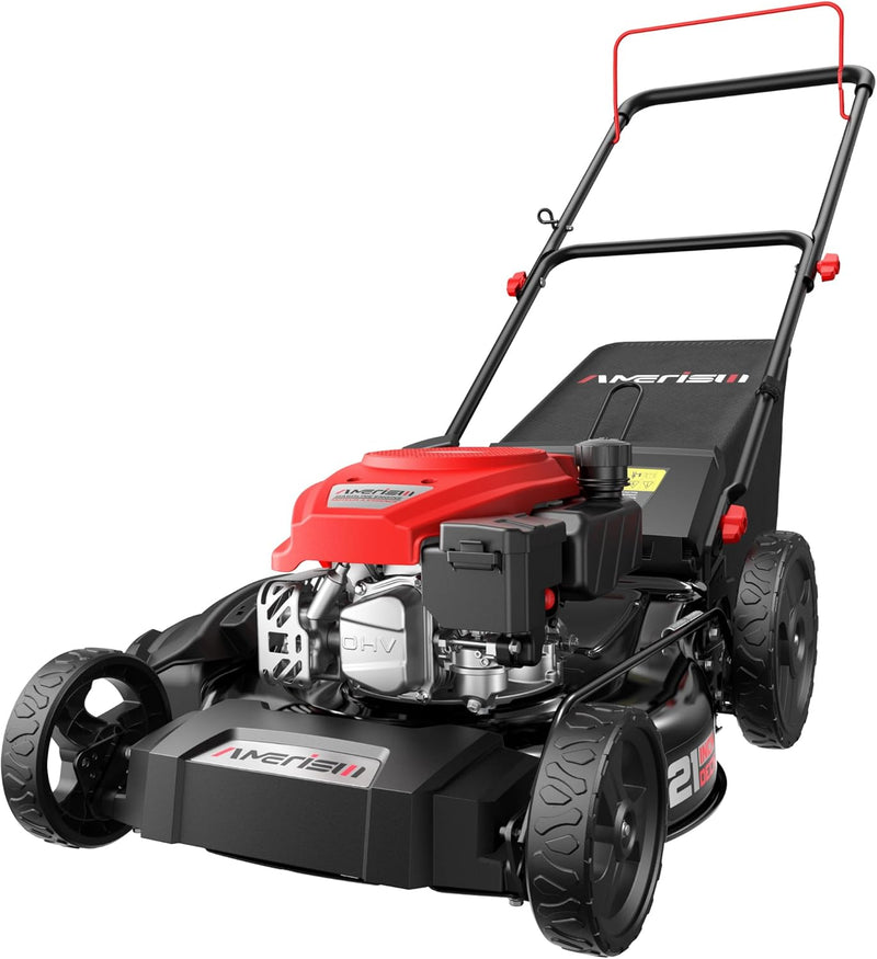21" Steel Deck Gas Lawn Mower, 3-in-1 Push Mower, 144cc 4-Stroke OHV Engine, 6 Height Adjustment, 1.4 Bushel Grass Catcher with Bagging, Mulching & Side Discharge Efficient for Yard Garden Z8384