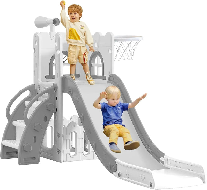 6 in 1 Toddler Slide for Toddler Age 1-3,Kids Climber Slider for Indoor Outdoor Playground with Basketball Hoop,Storage and Telescope,L Shaped Slide for Toddler Climber Playset Y2739