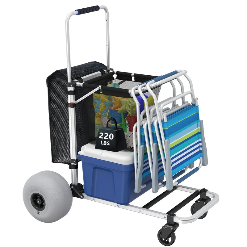Foldable Beach Cart with Adjustable Handle and 12" Balloon Wheels, Heavy Duty Aluminum 220LBS Capacity P1658