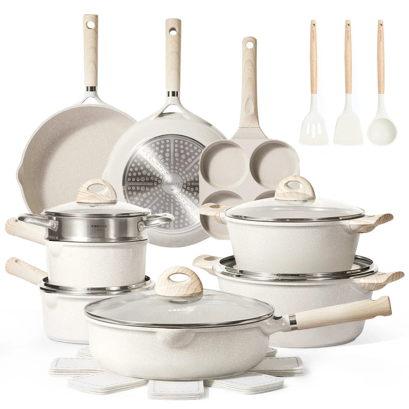 Carote Non Stick Pots and Pans Set, 21 Pcs Induction Kitchen Cookware Sets (Beige Granite) O9833