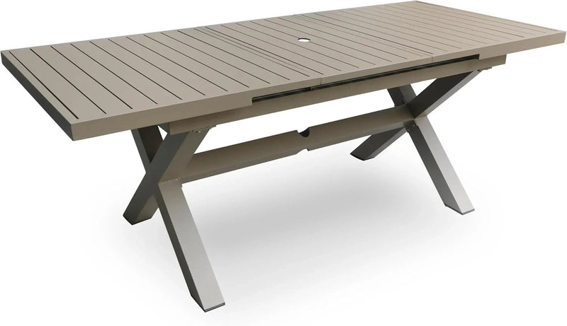 Extendable Patio Dining Table for 6-8, 63''-83'' Outdoor Aluminum Table w/Umbrella Hole, Rectangle Slatted Tabletop, Metal X-Trestle for Meals Garden Deck Backyard Gathering Party - Light Brown N9844