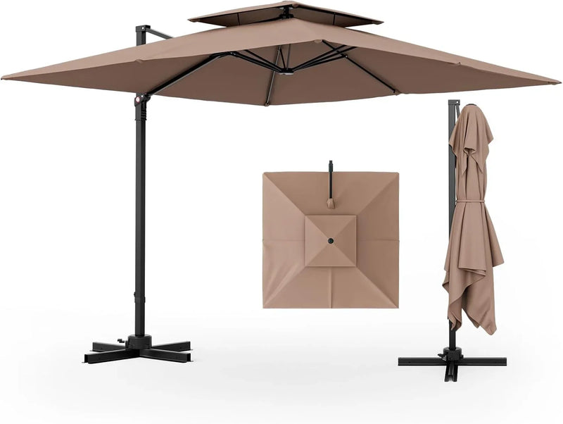 9.5-foot cantilevered patio umbrella, outdoor square offset umbrella, 360° rotatable, double-structured heavy-duty patio hanging umbrella, with cross base, suitable for gardens, patios, swimming pools and backyards. K9273