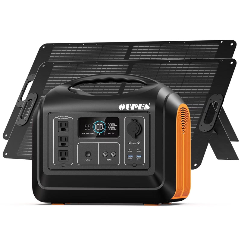 OUPES 1800W 1488Wh Portable Power Station with 2x100W Solar Panel,Solar Generator for Outdoor Camping,Home Backup,Emergency,RV T6115
