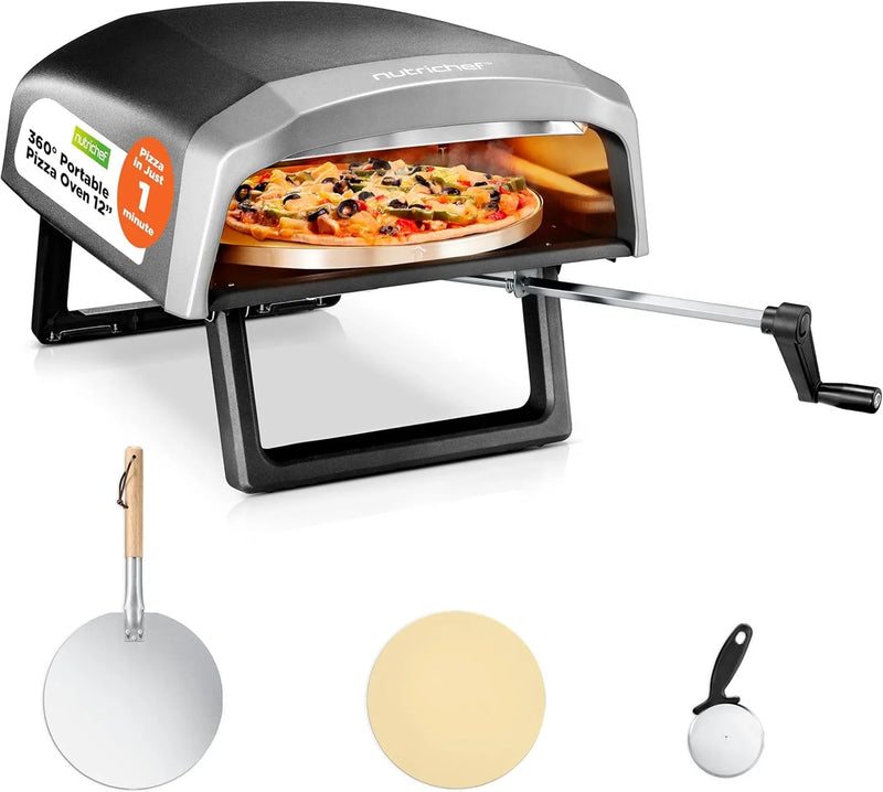Outdoor pizza oven, equipped with 360-degree rotating pizza stone | Adjustable temperature control | Includes pizza shovel, pizza knife, stone, lid and hose | Can bake a 12-inch pizza in 60 seconds | 32.9 x 16.1 x 12.4 inches C8184