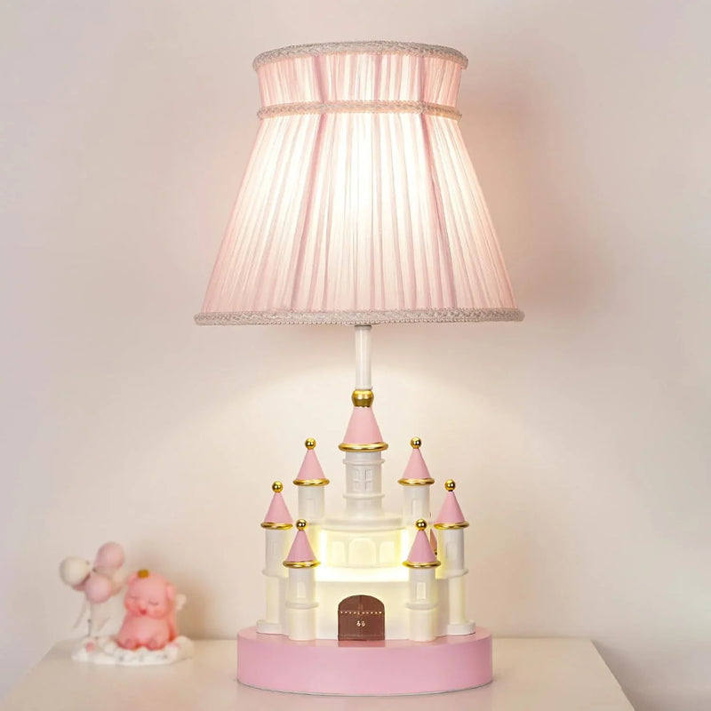 Cartoon children's table. Light pink bedside table. Princess-style cute castle-shaped resin material lamp for girls' bedroom and living room, with fabric shade cover. F2767