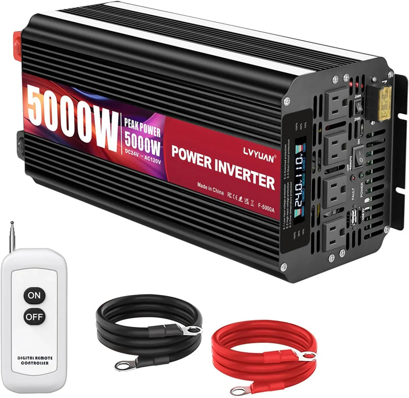 5000 Watt Power Inverter 12V to 110V 120V for Vehicle, Solar Inverter System, Heavy Duty, RV, Truck, Off Grid,Camping with 4 AC Outlets, LCD Display, Wireless Remote Control, Car Power Inverter K2413