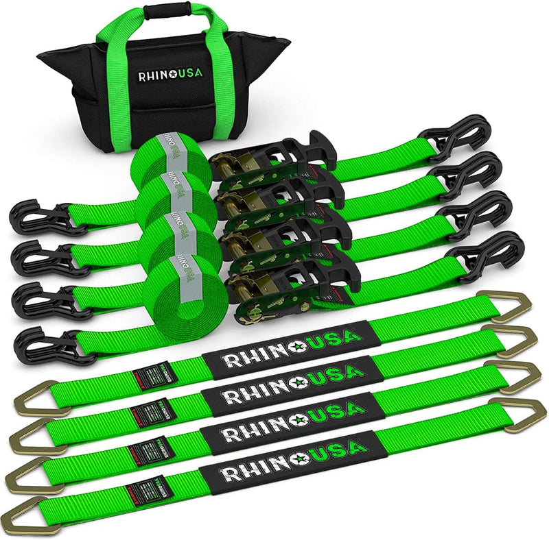 Car Tie Down Straps for Trailers with J Hooks (4-Pack) - 2 Inch x 8 Feet (10,000lb Break Strength) - Heavy Duty T-Handle Car Hauler Tire Straps for Trailer & UTV with Axle Straps - Black B8315