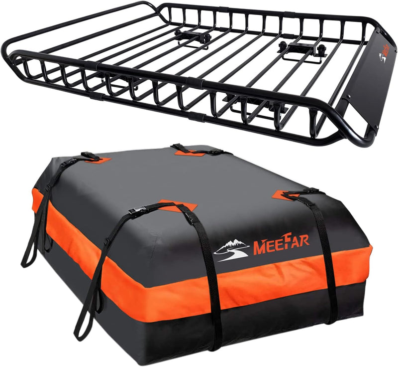 Roof Rack Carrier Basket Universal Rooftop 51" X 36" X 5" Waterproof Bag 15 Cubic Feet (44" 34" 17"), and Cargo Net with Attachment Hooks, Ratchet Straps G3017