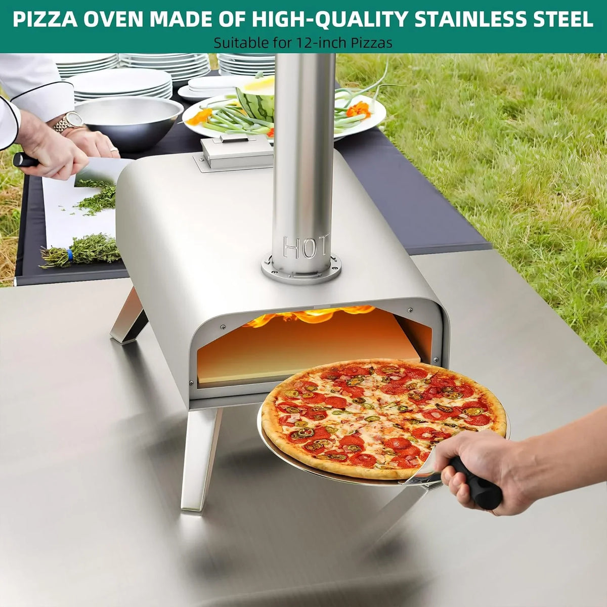 Wood-fired outdoor pizza oven, 12-inch portable pellet pizza oven, equipped with pizza tongs and pizza cutter, stainless steel silver pizza maker suitable for outdoor kitchen cooking