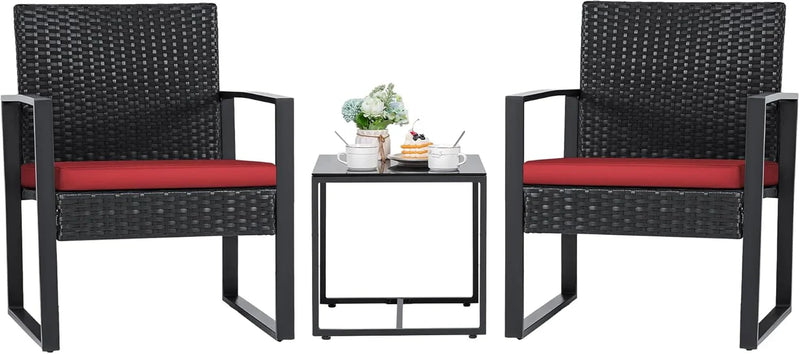 3 Pieces Patio Set Outdoor Wicker Furniture Sets Modern Rattan Chair Conversation Sets with Coffee Table for Yard and Bistro (Black) G8885
