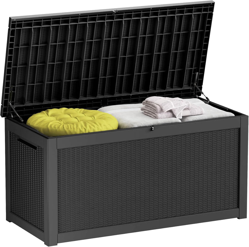 260-gallon large outdoor storage XL outdoor box, suitable for garden furniture, outdoor cushions, garden tools, sports equipment and pool supplies. Made of waterproof resin material, lockable, in gray color scheme. T2512