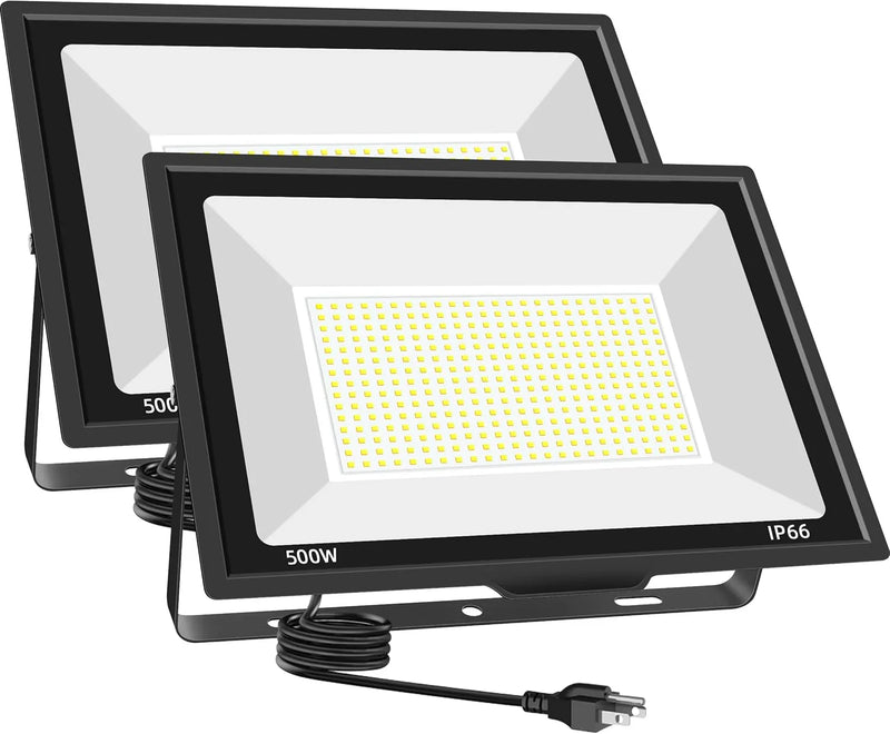 500W LED Flood Light Outdoor 2 Pack, 2000W Equivalent FloodLight with Plug, Super Bright 55000LM 5000K Daylight White IP66 Waterproof Commercial Lighting for Sports Fields,Courts,Arena,Stadium I6007