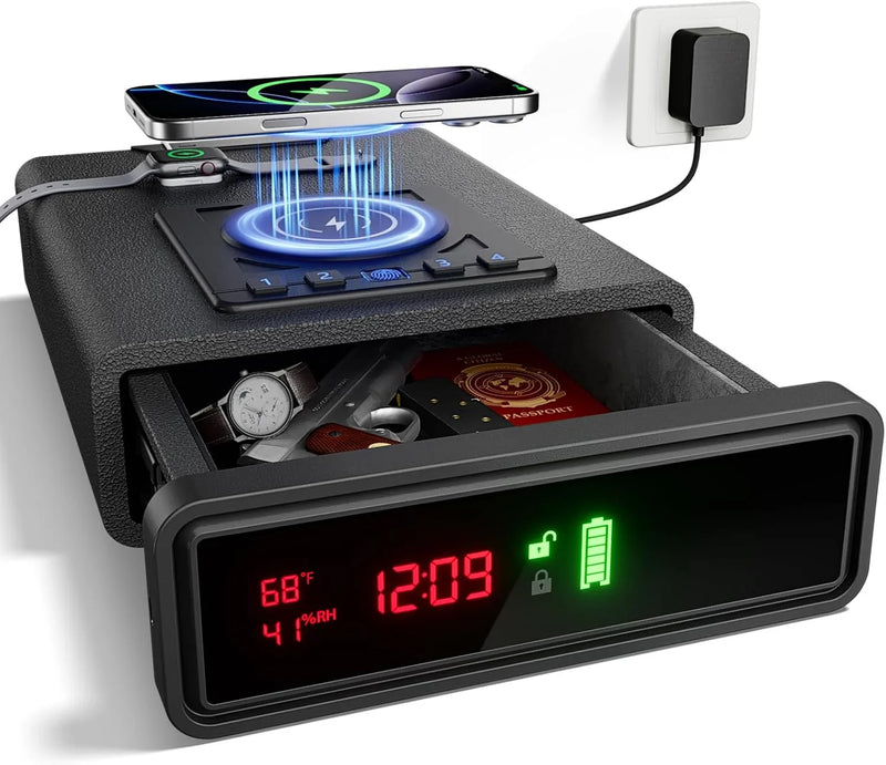 Smart Biometric Safe with Wireless Charging for Phone & Watch, 3 Access Methods to Unlock, Nightstand Drawer Safe LED Display with Humidity & Temperature Monitoring, Stopbox for Cash and Valuables O4750