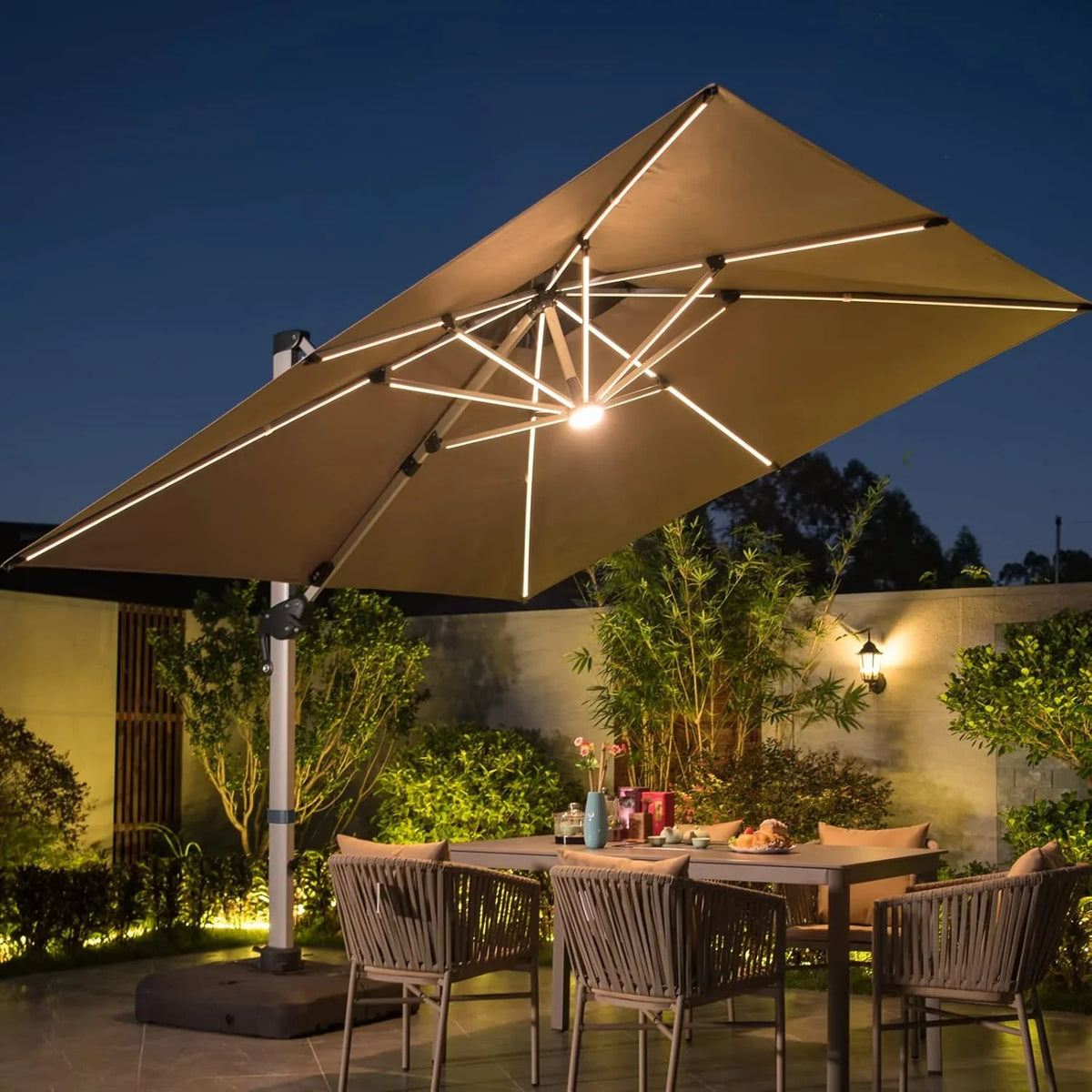 A 10-foot by 10-foot square cantilevered sunshade, equipped with a cross base and canopy, is included - a large heavy-duty outdoor sunshade, 360° rotating offset type, suitable for use in courtyards, backyard of swimming pools, terraces or gardens, i