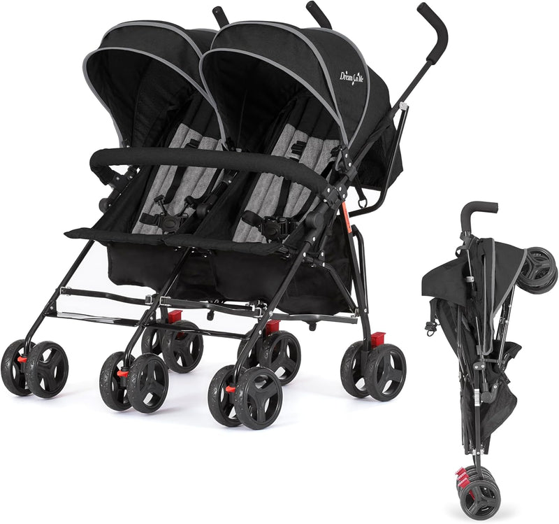 Twin Umbrella Stroller in Black, Lightweight Double Stroller for Infant & Toddler, Compact Easy Fold, Large Storage Basket, Large and Adjustable Canopy F8498