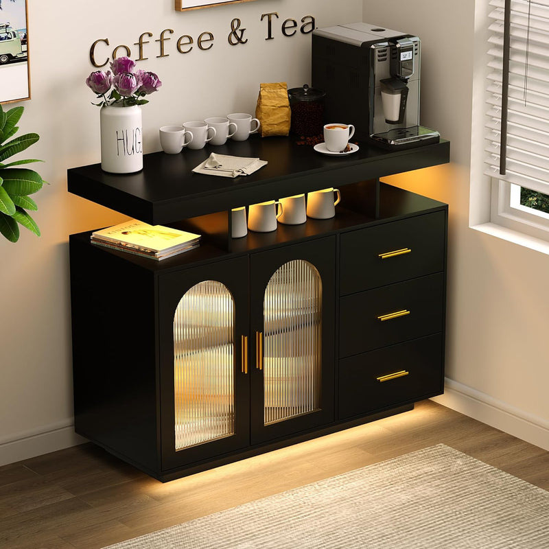 Bar Cabinet Kitchen Storage Cabinet with RGB Light, Human Sensor Design Sideboard Buffet Cabinets, Wood Coffee Bar Table with Shelf Capacity (Black) I5691