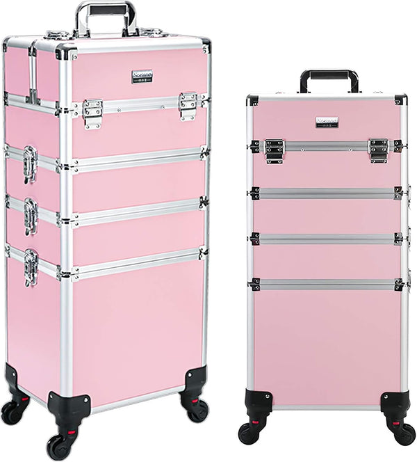 4 in 1 Professional Rolling Aluminum Cosmetic Makeup Train Organizer Storage Case Artist Train Case Salon Beauty Cosmetic Jewelry Organizer Trolley with 4 Wheels (All Black) J2182