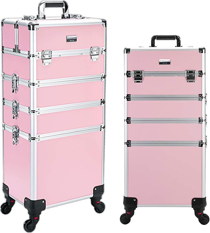 4 in 1 Professional Rolling Aluminum Cosmetic Makeup Train Organizer Storage Case Artist Train Case Salon Beauty Cosmetic Jewelry Organizer Trolley with 4 Wheels (All Black) J2182