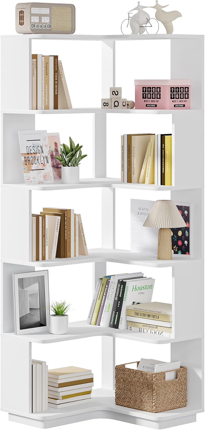Tribesigns 6-Tier Corner Bookshelf, 64.9 Inch Tall Bookcase with Anti-Drop Panel, Modern Freestanding Corner Shelf Display Rack Storage Organizer for Home Office, Living Room, WhiteTribesigns 6-Tier Corner Bookshelf, 64.9 Inch Tall Bookcase Z5622