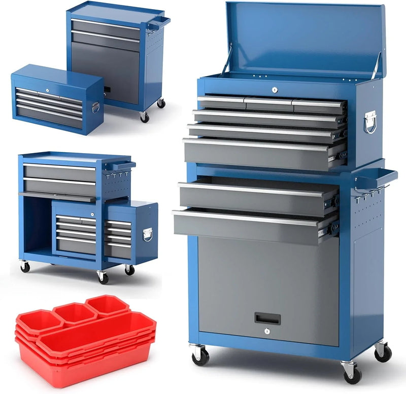 Tool Chest 8-Drawer | 42'' Large Rolling Tool Chest with Wheels | Detachable Top Metal Tool Box | Garage Storage Cabinet for Repair Room,storage area | Rolling Tool Box with Hooks,Liners,Tray Divider D3334